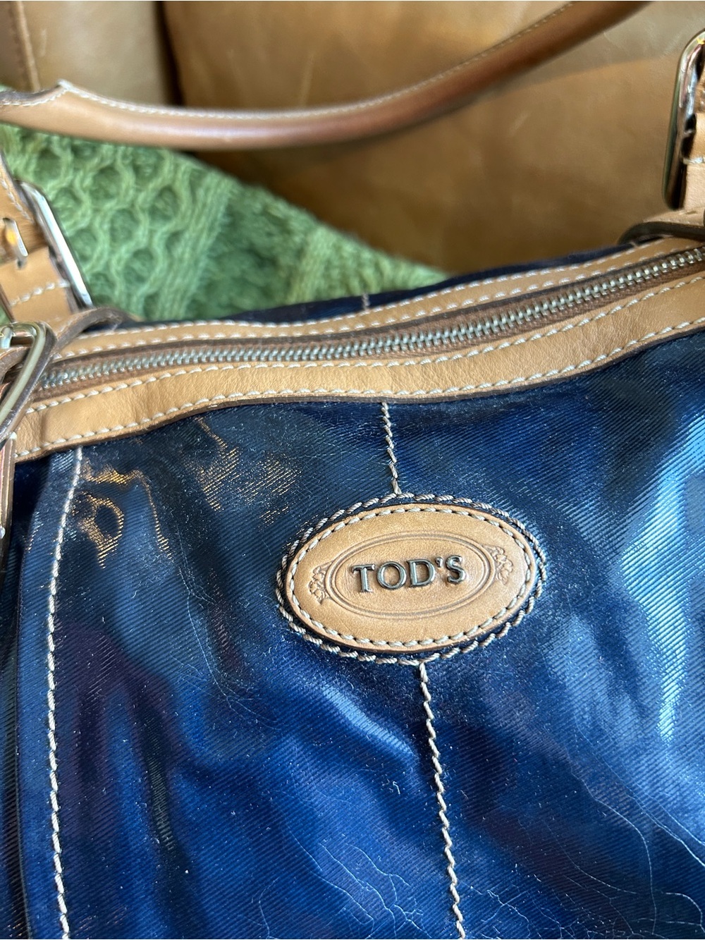 TOD’S Navy Patent Coated Canvas Satchel with Brown Leather Trim - Picture 3 of 16